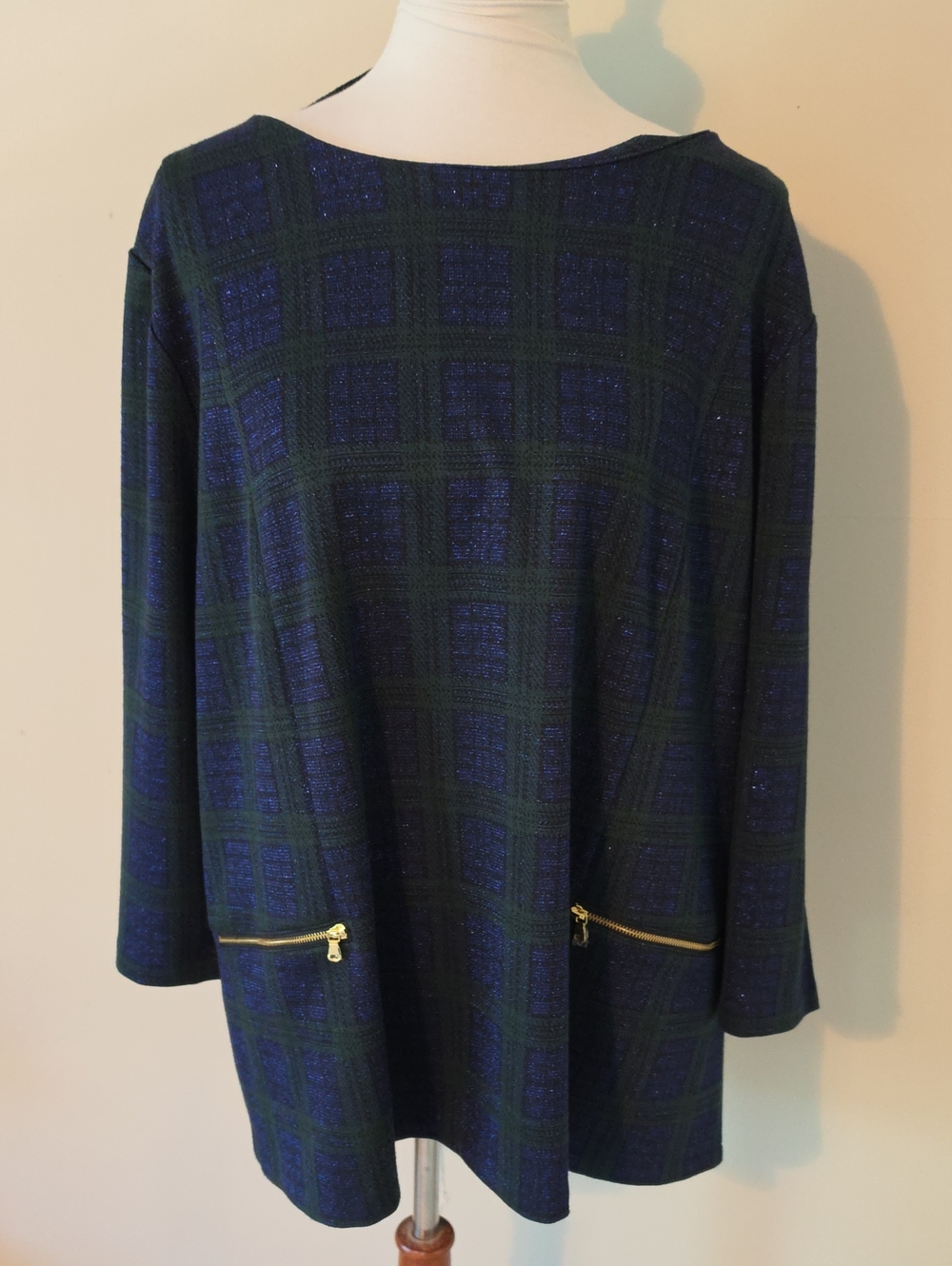Talbots Women’s Plaid 3/4 Sleeve Tunic Dress with Zip Pockets - Blue Green